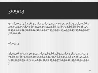3/09/13
99.16,100,34.62,56,39,38,33,78,94,71,17,29,44,37,81,92,48,10,66,9
,70,73,21,75,58,53,60,27,20,19,14,22,88,52,89,5,2,86,68,69,28,45,
8,13,26,41,32,54,82,74,98,11,3,47,93,55,91,63,49,30,15,95,64,96,77
,18,101,76

06/09/13
38,99,16,100,52,40,35,71,78,94,89,86,5,69,2,28,53,58,75,21,70,33,
73,60,92,66,9,37,27,20,19,88,22,14,34,56,62,13,45,85,7,36,49,46,1
1,98,54,50,59,82,3,18,47,30,51,15,23,63,57,61,91,12,93,101,96,95,6
7
41

 