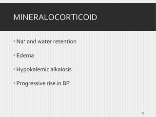 MINERALOCORTICOID
 Na+ and water retention
 Edema
 Hypokalemic alkalosis
 Progressive rise in BP

59

 