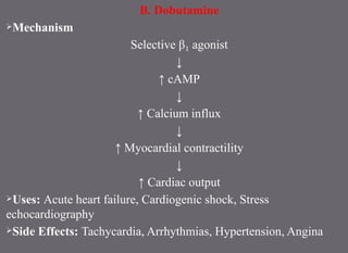 B. Dobutamine
Mechanism
Selective β agonist
₁
↓
↑ cAMP
↓
↑ Calcium influx
↓
↑ Myocardial contractility
↓
↑ Cardiac output
Uses: Acute heart failure, Cardiogenic shock, Stress
echocardiography
Side Effects: Tachycardia, Arrhythmias, Hypertension, Angina
 