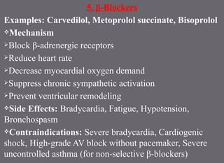 5. β-Blockers
Examples: Carvedilol, Metoprolol succinate, Bisoprolol
Mechanism
Block β-adrenergic receptors
Reduce heart rate
Decrease myocardial oxygen demand
Suppress chronic sympathetic activation
Prevent ventricular remodeling
Side Effects: Bradycardia, Fatigue, Hypotension,
Bronchospasm
Contraindications: Severe bradycardia, Cardiogenic
shock, High-grade AV block without pacemaker, Severe
uncontrolled asthma (for non-selective β-blockers)
 