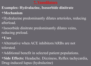 7. Vasodilators
Examples: Hydralazine, Isosorbide dinitrate
Mechanism
Hydralazine predominantly dilates arterioles, reducing
afterload.
Isosorbide dinitrate predominantly dilates veins,
reducing preload.
Uses
Alternative when ACE inhibitors/ARBs are not
tolerated.
Additional benefit in selected patient populations.
Side Effects: Headache. Dizziness, Reflex tachycardia,
Drug-induced lupus (hydralazine)
 