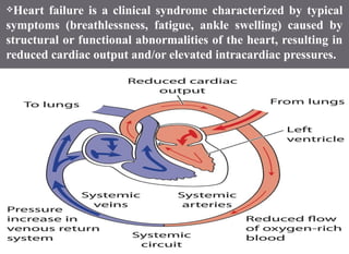 Heart failure is a clinical syndrome characterized by typical
symptoms (breathlessness, fatigue, ankle swelling) caused by
structural or functional abnormalities of the heart, resulting in
reduced cardiac output and/or elevated intracardiac pressures.
 