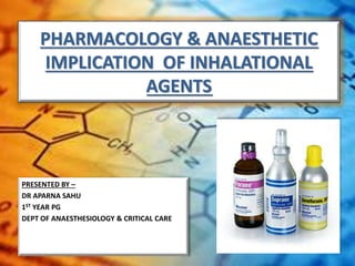 PRESENTED BY –
DR APARNA SAHU
1ST YEAR PG
DEPT OF ANAESTHESIOLOGY & CRITICAL CARE
PHARMACOLOGY & ANAESTHETIC
IMPLICATION OF INHALATIONAL
AGENTS
 