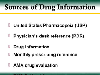 Sources of Drug Information

  United States Pharmacopeia (USP)

  Physician’s desk reference (PDR)

  Drug information
  Monthly prescribing reference

  AMA drug evaluation
 