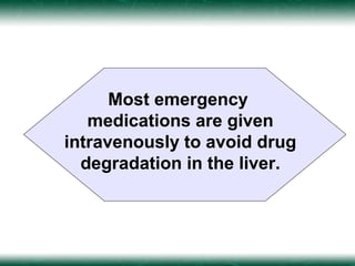 Most emergency
   medications are given
intravenously to avoid drug
  degradation in the liver.
 