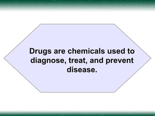 Drugs are chemicals used to
diagnose, treat, and prevent
          disease.
 