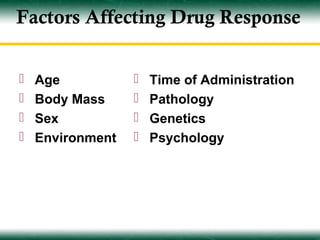 Factors Affecting Drug Response


   Age              Time of Administration
   Body Mass        Pathology
   Sex              Genetics
   Environment      Psychology
 