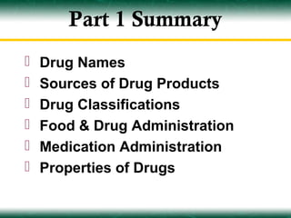 Part 1 Summary
   Drug Names
   Sources of Drug Products
   Drug Classifications
   Food & Drug Administration
   Medication Administration
   Properties of Drugs
 