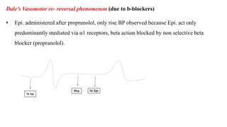 Dale’s Vasomotor re- reversal phenomenon (due to b-blockers)
• Epi. administered after propranolol, only rise BP observed because Epi. act only
predominantly mediated via α1 receptors, beta action blocked by non selective beta
blocker (propranolol).
IV. Epi
IV. Epi
Pro
 