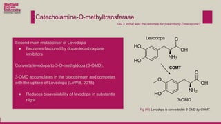 Catecholamine-O-methyltransferase
Second main metaboliser of Levodopa
● Becomes favoured by dopa decarboxylase
inhibitors
Converts levodopa to 3-O-methyldopa (3-OMD).
3-OMD accumulates in the bloodstream and competes
with the uptake of Levodopa (LeWitt, 2015)
● Reduces bioavailability of levodopa in substantia
nigra
COMT
Fig (XI) Levodopa is converted to 3-OMD by COMT.
Levodopa
3-OMD
Qu 3. What was the rationale for prescribing Entacapone?
 