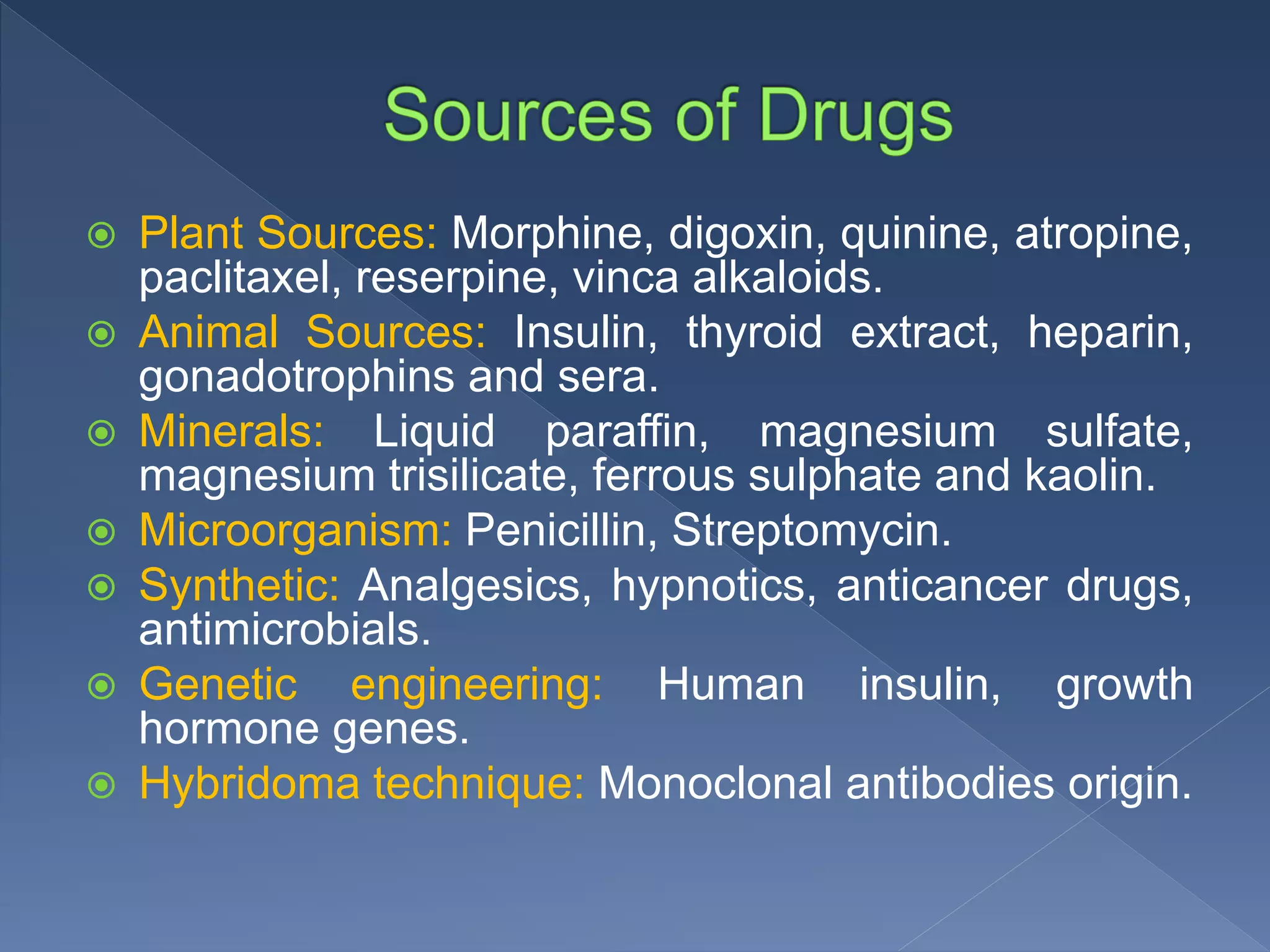  Plant Sources: Morphine, digoxin, quinine, atropine,
paclitaxel, reserpine, vinca alkaloids.
 Animal Sources: Insulin, thyroid extract, heparin,
gonadotrophins and sera.
 Minerals: Liquid paraffin, magnesium sulfate,
magnesium trisilicate, ferrous sulphate and kaolin.
 Microorganism: Penicillin, Streptomycin.
 Synthetic: Analgesics, hypnotics, anticancer drugs,
antimicrobials.
 Genetic engineering: Human insulin, growth
hormone genes.
 Hybridoma technique: Monoclonal antibodies origin.
 