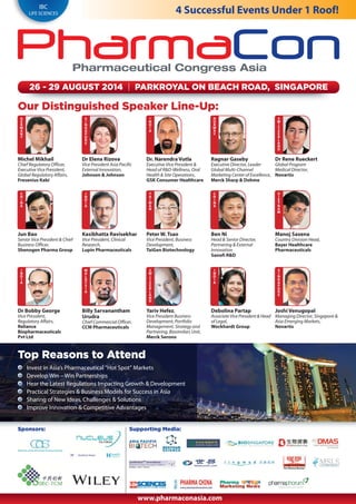 IBC
LIFE SCIENCES 4 Successful Events Under 1 Roof!
26 - 29 AUGUST 2014 | PARKROYAL ON BEACH ROAD, SINGAPORE
Our Distinguished Speaker Line-Up:
www.pharmaconasia.com
Supporting Media:
G
E
R
M
A
N
Y
S
I
N
G
A
P
O
R
E
I
N
D
I
A
N
O
R
W
A
Y
S
W
I
T
Z
E
R
L
A
N
D
Michel Mikhail
Chief Regulatory Officer,
Executive Vice President,
Global Regulatory Affairs,
Fresenius Kabi
Dr Elena Rizova
Vice President Asia Pacific
External Innovation,
Johnson & Johnson
Dr. Narendra Vutla
Executive Vice President &
Head of R&D-Wellness, Oral
Health & Site Operations,
GSK Consumer Healthcare
Ragnar Gaseby
Executive Director, Leader
Global Multi-Channel
Marketing Center of Excellence,
Merck Sharp & Dohme
Dr Rene Rueckert
Global Program
Medical Director,
Novartis
C
H
I
N
A
I
N
D
I
A
T
A
I
W
A
N
C
H
I
N
A
V
I
E
T
N
A
M
Jun Bao
Senior Vice President & Chief
Business Officer,
Shenogen Pharma Group
Kasibhatta Ravisekhar
Vice President, Clinical
Research,
Lupin Pharmaceuticals
Peter W. Tsao
Vice President, Business
Development,
TaiGen Biotechnology
Ben Ni
Head & Senior Director,
Partnering & External
Innovation
Sanofi R&D
Manoj Saxena
Country Division Head,
Bayer Healthcare
Pharmaceuticals
I
N
D
I
A
M
A
L
A
Y
S
I
A
S
W
I
T
Z
E
R
L
A
N
D
I
N
D
I
A
S
I
N
G
A
P
O
R
E
Dr Bobby George
Vice President,
Regulatory Affairs,
Reliance
Biopharmaceuticals
Pvt Ltd
Billy Sarvanantham
Urudra
Chief Commercial Officer,
CCM Pharmaceuticals
Yariv Hefez,
Vice President Business
Development, Portfolio
Management, Strategy and
Partnering, Biosimilars Unit,
Merck Serono
Debolina Partap
Associate Vice President & Head
of Legal,
Wockhardt Group
Joshi Venugopal
Managing Director, Singapore &
Asia Emerging Markets,
Novartis
Sponsors:
Invest in Asia’s Pharmaceutical “Hot Spot” Markets
Develop Win – Win Partnerships
Hear the Latest Regulations Impacting Growth & Development
Practical Strategies & Business Models for Success in Asia
Sharing of New Ideas, Challenges & Solutions
Improve Innovation & Competitive Advantages
Top Reasons to Attend
 