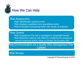 How We Can Help

 Risk Assessment
    •Risk Identification (setting limits)
    •Risk Analysis (qualitative and quantitative tools)
    •Risk Evaluation (comparing limits with results of analysis)

Risk Control
    •Risk Acceptance (the risk is managed to acceptable levels)
    •Risk Reduction (reduce risk either by modifying the process to
     remove exposure points, close or contain the process, etc)

Risk Communication via a Quality Risk Management Plan
                       (QRMP)

Risk Review
                                         Copyright © PharmaConsult Us 2010
 