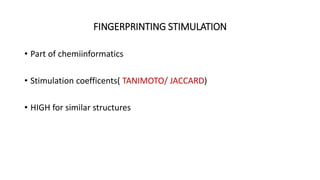 FINGERPRINTING STIMULATION
• Part of chemiinformatics
• Stimulation coefficents( TANIMOTO/ JACCARD)
• HIGH for similar structures
 