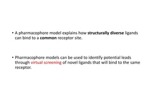 • A pharmacophore model explains how structurally diverse ligands
can bind to a common receptor site.
• Pharmacophore models can be used to identify potential leads
through virtual screening of novel ligands that will bind to the same
receptor.
 