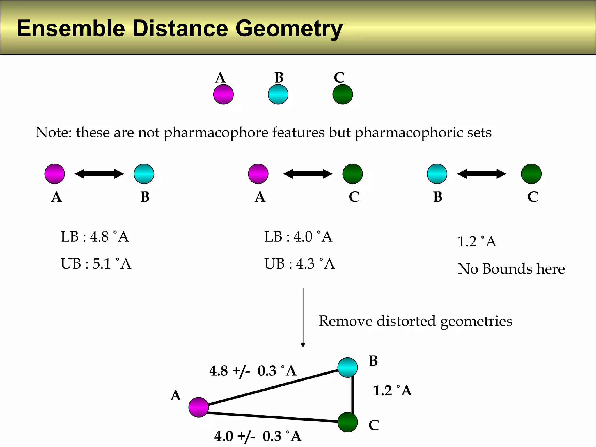 Ensemble Distance Geometry  A B C Note: these are not pharmacophore features but pharmacophoric sets A A B B C C LB : 4.8 ˚A UB : 5.1 ˚A LB : 4.0 ˚A UB : 4.3 ˚A 1.2 ˚A No Bounds here Remove distorted geometries A B C 4.8 +/-  0.3 ˚A 1.2 ˚A 4.0 +/-  0.3 ˚A 