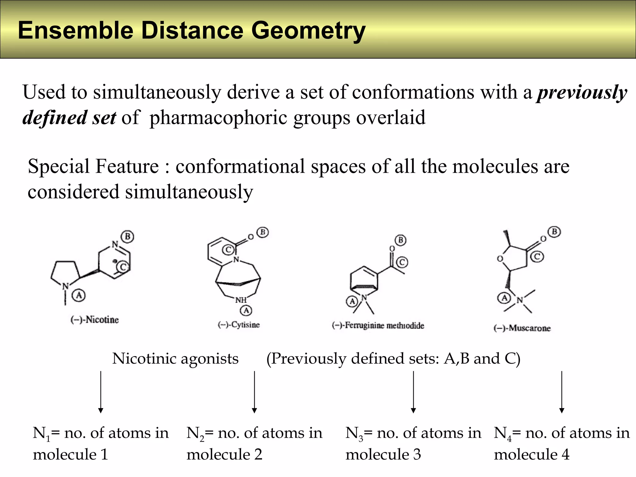 Ensemble Distance Geometry  Used to simultaneously derive a set of conformations with a  previously defined set  of  pharmacophoric groups overlaid  Special Feature : conformational spaces of all the molecules are considered simultaneously Nicotinic agonists  (Previously defined sets: A,B and C) N 1 = no. of atoms in molecule 1 N 2 = no. of atoms in molecule 2 N 3 = no. of atoms in molecule 3 N 4 = no. of atoms in molecule 4 