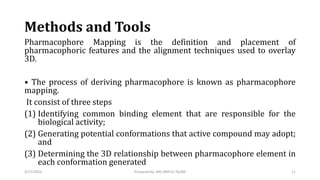 Methods and Tools
Pharmacophore Mapping is the definition and placement of
pharmacophoric features and the alignment techniques used to overlay
3D.
• The process of deriving pharmacophore is known as pharmacophore
mapping.
It consist of three steps
(1) Identifying common binding element that are responsible for the
biological activity;
(2) Generating potential conformations that active compound may adopt;
and
(3) Determining the 3D relationship between pharmacophore element in
each conformation generated
5/17/2023 11
Prepared by: MD ARIFUL ISLAM
 