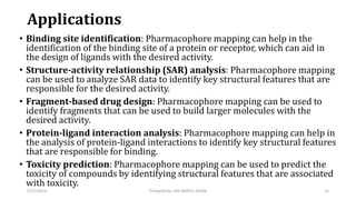 Applications
• Binding site identification: Pharmacophore mapping can help in the
identification of the binding site of a protein or receptor, which can aid in
the design of ligands with the desired activity.
• Structure-activity relationship (SAR) analysis: Pharmacophore mapping
can be used to analyze SAR data to identify key structural features that are
responsible for the desired activity.
• Fragment-based drug design: Pharmacophore mapping can be used to
identify fragments that can be used to build larger molecules with the
desired activity.
• Protein-ligand interaction analysis: Pharmacophore mapping can help in
the analysis of protein-ligand interactions to identify key structural features
that are responsible for binding.
• Toxicity prediction: Pharmacophore mapping can be used to predict the
toxicity of compounds by identifying structural features that are associated
with toxicity.
5/17/2023 14
Prepared by: MD ARIFUL ISLAM
 