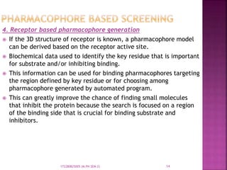 4. Receptor based pharmacophore generation
 If the 3D structure of receptor is known, a pharmacophore model
can be derived based on the receptor active site.
 Biochemical data used to identify the key residue that is important
for substrate and/or inhibiting binding.
 This information can be used for binding pharmacophores targeting
the region defined by key residue or for choosing among
pharmacophore generated by automated program.
 This can greatly improve the chance of finding small molecules
that inhibit the protein because the search is focused on a region
of the binding side that is crucial for binding substrate and
inhibitors.
14172280825005 (M.PH SEM-2)
 