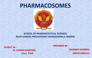 PHARMACOSOMES
PREPARED BY :
SAURABH SHARMA
0001PY18MP14
SCHOOL OF PHARMACEUTICAL SCIENCES
RAJIV GANDHI PROUDYOGIKI VISHWAVIDYALA, BHOPAL
Guided by :
Dr. SUMAN RAMTEKE
(Asst. Prof)
 