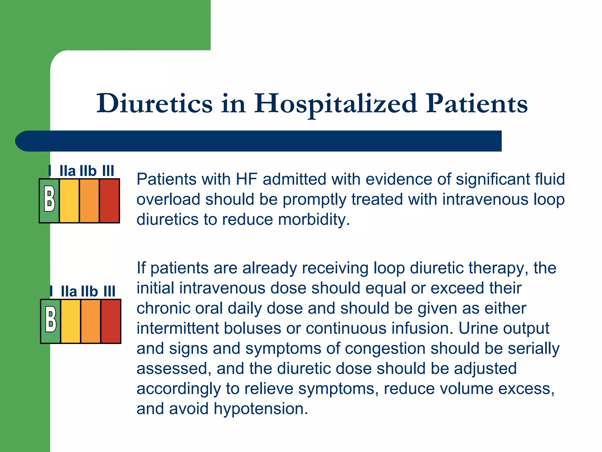 Diuretics in Hospitalized Patients
Patients with HF admitted with evidence of significant fluid
overload should be promptly treated with intravenous loop
diuretics to reduce morbidity.
If patients are already receiving loop diuretic therapy, the
initial intravenous dose should equal or exceed their
chronic oral daily dose and should be given as either
intermittent boluses or continuous infusion. Urine output
and signs and symptoms of congestion should be serially
assessed, and the diuretic dose should be adjusted
accordingly to relieve symptoms, reduce volume excess,
and avoid hypotension.
I IIa IIb III
I IIa IIb III
 
