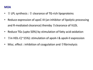MOA
•  LPL synthesis :  clearance of TG-rich lipoproteins
• Reduce expression of apoC-III (an inhibitor of lipolytic processing
and R-mediated clearance) thereby clearance of VLDL
• Reduce TGs (upto 50%) by stimulation of fatty acid oxidation
• in HDL-C(~15%): stimulation of apoA-I & apoA-II expression
• Misc. effect : inhibition of coagulation and fibrinolysis
 