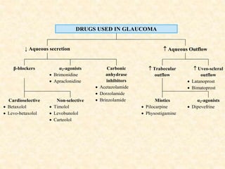 DRUGS USED IN GLAUCOMA
↓ Aqueous secretion  Aqueous Outflow
β-blockers α2-agonists
 Brimonidine
 Apraclonidine
Carbonic
anhydrase
inhibitors
 Acetazolamide
 Dorzolamide
 Brinzolamide
 Trabecular
outflow
 Uveo-scleral
outflow
 Latanoprost
 Bimatoprost
Cardioselective
 Betaxolol
 Levo-betaxolol
Non-selective
 Timolol
 Levobunolol
 Carteolol
Miotics
 Pilocarpine
 Physostigamine
α2-agonists
 Dipevefrine
 