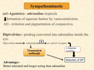 (α1-Agonists):- adrenaline (topical)
formation of aqueous humor by vasoconstriction.
AE:- irritation and pigmentation of conjunctiva.
Dipivefrine:- prodrug converted into adrenaline inside the
eye.
Dipivefrine Adrenaline α1 and α2 receptor
Sympathomimetic
+
 Aqueous
secretion
Reduction of IOP
Advantage:-
Better tolerated and longer acting than adrenaline
Uveoscleral
outflow(β)
 