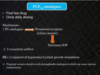 PGF2α-analogues
• First line drug
• Once daily dosing
Mechanism:-
1.PG analogues Prostanoid receptors
(ciliary muscle)
Decreases IOP
2. Uveoscleral outflow
SE:- Conjunctival hyperemia Eyelash growth stimulation
 Pregnant women should avoid prostaglandin analogues (which can cause uterine
contractions)
 