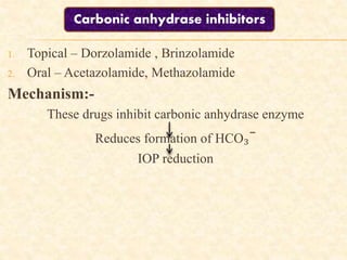 1. Topical – Dorzolamide , Brinzolamide
2. Oral – Acetazolamide, Methazolamide
Mechanism:-
These drugs inhibit carbonic anhydrase enzyme
Reduces formation of HCO₃⁻
IOP reduction
Carbonic anhydrase inhibitors
 