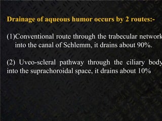 Drainage of aqueous humor occurs by 2 routes:-
(1)Conventional route through the trabecular network
into the canal of Schlemm, it drains about 90%.
(2) Uveo-scleral pathway through the ciliary body
into the suprachoroidal space, it drains about 10%
 