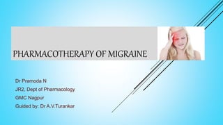 PHARMACOTHERAPY OF MIGRAINE
Dr Pramoda N
JR2, Dept of Pharmacology
GMC Nagpur
Guided by: Dr A.V.Turankar
 