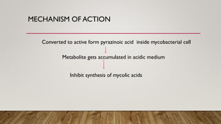 MECHANISM OF ACTION
Converted to active form pyrazinoic acid inside mycobacterial cell
Metabolite gets accumulated in acidic medium
Inhibit synthesis of mycolic acids
 