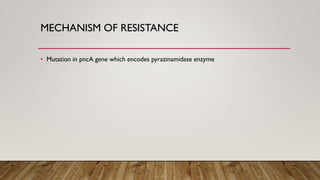 MECHANISM OF RESISTANCE
• Mutation in pncA gene which encodes pyrazinamidase enzyme
 
