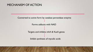 MECHANISM OF ACTION
Converted to active form by catalase peroxidase enzyme
Forms adducts with NAD
Targets and inhibits inhA & KasA genes
Inhibit synthesis of mycolic acids
 