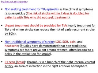 Trig.indic.Isch.Stroke (contd’.)
 Not seeking treatment for TIA episodes as the clinical symptoms
resolve quickly (The risk of stroke within 7 days is doubled for
patients with TIAs who did not seek treatment).
 Urgent treatment should be provided for TIAs (early treatment for
TIA and minor stroke can reduce the risk of early recurrent stroke
by 80%).
 Non-traditional symptoms of stroke: LOC, SOB, pain, and
headache; (Studies have demonstrated that non-traditional
symptoms are more prevalent among women, often leading to a
delay in the evaluation for stroke).
 CT scan (brain): Thrombus in a branch of the right internal carotid
artery, an area of infarction in the right anterior hemisphere.
 