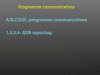 Programme communications
A,B,C,D,E- programme communications
1,2,3,4- ADR reporting
 