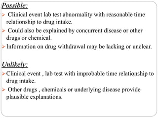 Possible:
 Clinical event lab test abnormality with reasonable time
relationship to drug intake.
 Could also be explained by concurrent disease or other
drugs or chemical.
Information on drug withdrawal may be lacking or unclear.
Unlikely:
Clinical event , lab test with improbable time relationship to
drug intake.
 Other drugs , chemicals or underlying disease provide
plausible explanations.
 