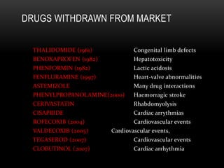 THALIDOMIDE (1961) Congenital limb defects
BENOXAPROFEN (1982) Hepatotoxicity
PHENFORMIN (1982) Lactic acidosis
FENFLURAMINE (1997) Heart-valve abnormalities
ASTEMIZOLE Many drug interactions
PHENYLPROPANOLAMINE(2000) Haemorragic stroke
CERIVASTATIN Rhabdomyolysis
CISAPRIDE Cardiac arrythmias
ROFECOXIB (2004) Cardiovascular events
VALDECOXIB (2005) Cardiovascular events,
TEGASEROD (2007) Cardiovascular events
CLOBUTINOL (2007) Cardiac arrhythmia
DRUGS WITHDRAWN FROM MARKET
 