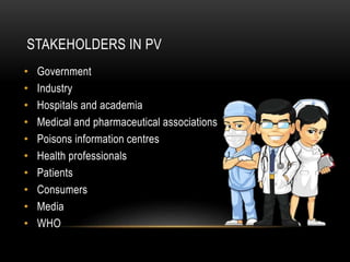 STAKEHOLDERS IN PV
• Government
• Industry
• Hospitals and academia
• Medical and pharmaceutical associations
• Poisons information centres
• Health professionals
• Patients
• Consumers
• Media
• WHO
 