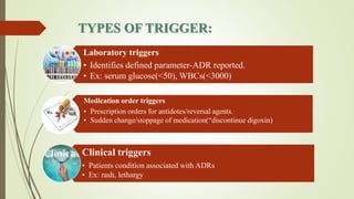 TYPES OF TRIGGER:
Laboratory triggers
• Identifies defined parameter-ADR reported.
• Ex: serum glucose(<50), WBCs(<3000)
Medication order triggers
• Prescription orders for antidotes/reversal agents.
• Sudden change/stoppage of medication(“discontinue digoxin)
Clinical triggers
• Patients condition associated with ADRs
• Ex: rash, lethargy
 