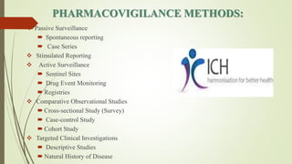 PHARMACOVIGILANCE METHODS:
 Passive Surveillance
 Spontaneous reporting
 Case Series
 Stimulated Reporting
 Active Surveillance
 Sentinel Sites
 Drug Event Monitoring
 Registries
 Comparative Observational Studies
 Cross-sectional Study (Survey)
 Case-control Study
 Cohort Study
 Targeted Clinical Investigations
 Descriptive Studies
 Natural History of Disease
 