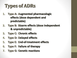 Types of ADRs
1. Type A: Augmented pharmacologic
effects (dose dependent and
predictable)
2. Type B: Bizarre effects (dose independent
& unpredictable)
3. Type C: Chronic effects
4. Type D: Delayed effects
5. Type E: End-of-treatment effects
6. Type F: Failure of therapy
7. Type G: Genetic reactions
 