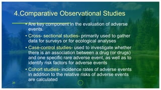 31
4.Comparative Observational Studies
• Are key component in the evaluation of adverse
events.
• Cross- sectional studies- primarily used to gather
data for surveys or for ecological analyses
• Case-control studies- used to investigate whether
there is an association between a drug (or drugs)
and one specific rare adverse event, as well as to
identify risk factors for adverse events
• Cohort studies- incidence rates of adverse events
in addition to the relative risks of adverse events
are calculated
 