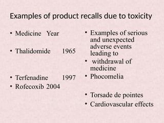 Examples of product recalls due to toxicity
• Medicine Year
• Thalidomide 1965
• Terfenadine 1997
• Rofecoxib 2004
• Examples of serious
and unexpected
adverse events
leading to
• withdrawal of
medicine
• Phocomelia
• Torsade de pointes
• Cardiovascular effects
 