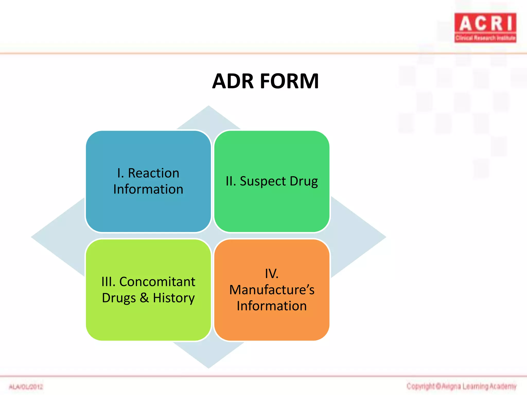 ADR FORM
I. Reaction
Information
II. Suspect Drug
III. Concomitant
Drugs & History
IV.
Manufacture’s
Information
 