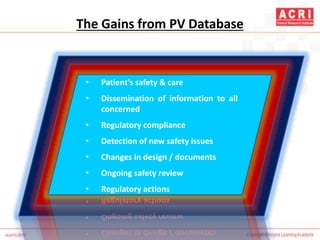 The Gains from PV Database
• Patient’s safety & care
• Dissemination of information to all
concerned
• Regulatory compliance
• Detection of new safety issues
• Changes in design / documents
• Ongoing safety review
• Regulatory actions
 