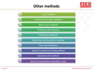 Other methods
Irey’s method
Karch and Lasanga’s Method
Blanc et al’s method
Kramer et al’s method
FDA(Jones Method)
Emmanuel and Sacchetti’s method
The French Method
Stephen’s personal scoring method
Venulet et al’s method
Spanish quantitative imputation scale
 
