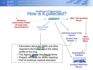 Healthcare Professionals AGENCY National ADR Database MAH - PhV Qualified Person Individual answer to the reporter (Croatia, New Zealand…) WHO-UMC Database EudraVigilance - Database Marketing Authorisation Holder (through sales representatives) MAH -Central Office  Information about the ADRs and other important information about the safety profile of the drug The Agency sends new Report forms Prepaid  envelope for ADRs reporting Part of continuos medical education European Medicines Agency How is it collected? 